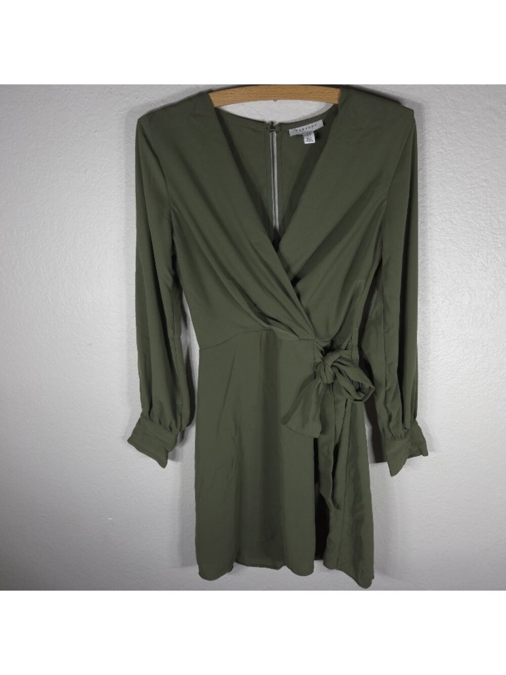 Topshop Olive Green Wrap Dress Tie Long Sleeve V-Neck Midi Size 4 Open Back